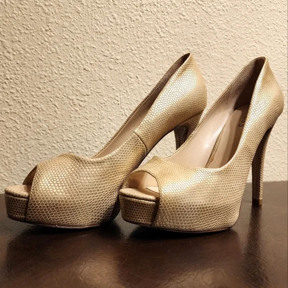 Guess Shoes Guess Gold Snakeskin Open Toe Platform Heels